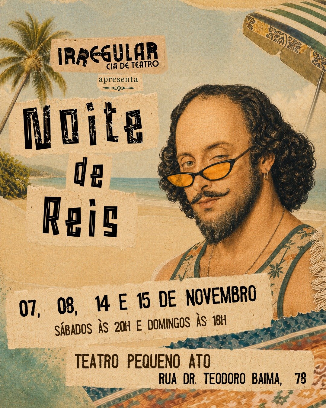 Cartaz de Noite de Reis — elenco em cena numa praia, com data e local do espetáculo